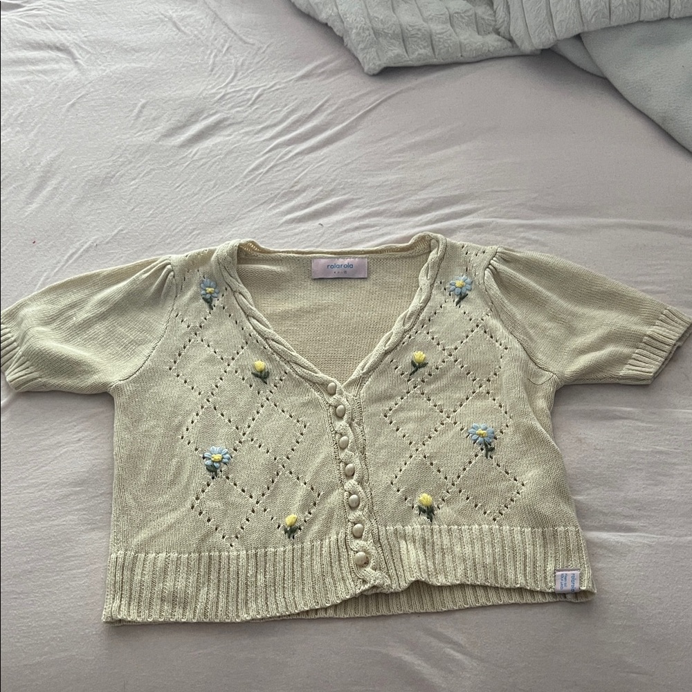 Cream Knit Crop Top with Floral Embroidery